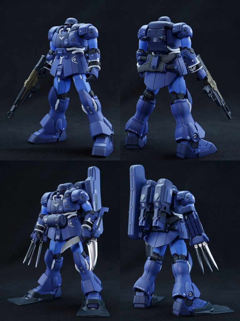 ## 地上/水中装備 前後から
潜水具を付けたギラズールみたいな見てくれのゼーズールさん。
ナイフを持たせることでジオン水泳部っぽいアイアンネイル持ち!みたいになるのも実に通好みの発想が堪りません。
上陸後は不要な装備をパージして身軽になれるのは素晴らしい運用思想ですね。