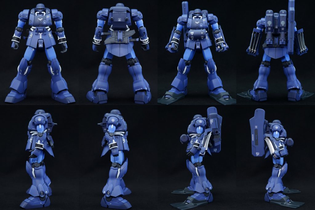 ## 地上/水中装備 四方から
水中用装備をすべて取り付けるとフロッグマンみたいな装いになるので、特殊工作員っぽさに磨きがかかります。
水中での射撃武器が無いのがかなり不安なんですが、シャンブロをおとりとして海上戦力の注意を引いておけば最小限の装備で良かったのかも?
地上装備も特殊部隊っぽいシルエットは機能美にあふれていてほれぼれします♪
この状態で飾る人は少ないと思いますが、これはこれでいい物だと思いますよ?