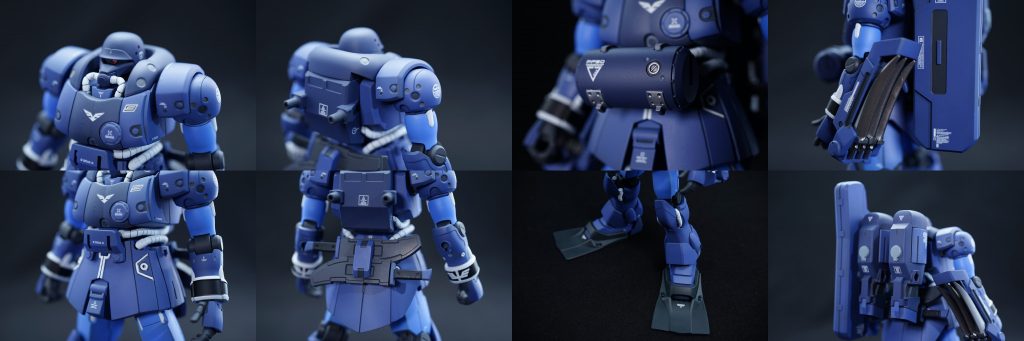 ## 地上/水中装備 各部のアップ
頭部はモノアイレンズ追加と丸穴の掘り直し、肩口も丸穴の掘り直しとスジボリ、デカールで情報量を上げます。
腰回りは塗り分け主体ですね。
各部の白ラインはエナメルで、ナイフホルダーはマスキングで対応。
ナイフは塗装の剥がれが怖かったので、複製時に没にした物を再利用し