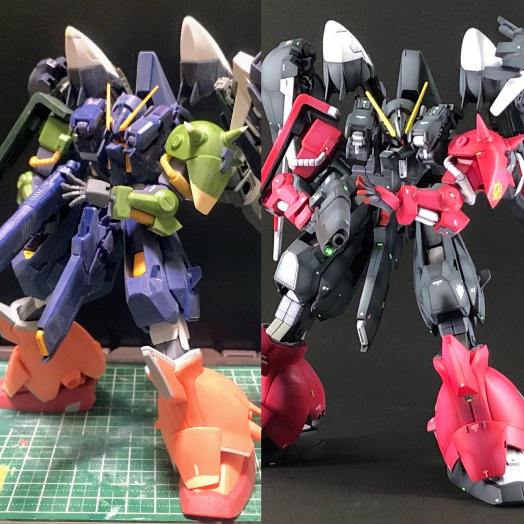 腕はハイザック 、脚はマラサイから。接続部はプレミアムバンダイの拡張パーツを使用しています。
ヘイズルⅡ本体はストレート組み、特に脚部を上下方向に大型化し、全体のバランスを調整しました。