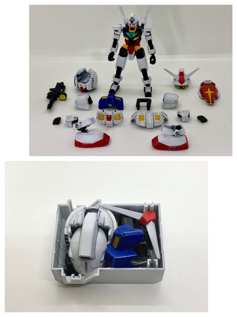 ばらすとこんな感じです。胸部、腰前、前腕、手の甲のパーツはネオジム磁石で接続。頭部、首、胸部、腰前、手の甲はコンテナに収納。容量ギリギリなので入れ方間違えるとフタが閉まりません。ちょっとしたパズルです😵(2020/2/22 追記)