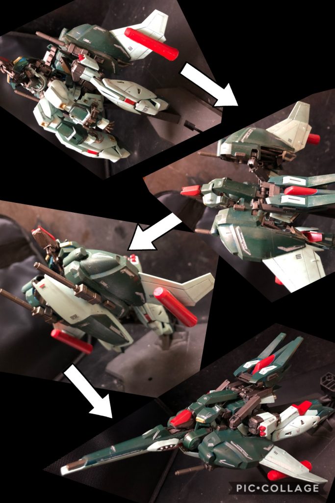 ⑤ バックパックを下げ、ウィング部を本体側面部に移動する。
⑥ ライフルをシールド内部に収納。本体下部にシールドを設置する。
⑦ 機首を設置する。
リ・ガズィ-スペースファイター完成っ!
アムロ「やるじゃないか。」oyz「まだ調整が必要です。だから、部隊に帰っても可変のテストはしたいんです。」アムロ 「リ・ガズィRE、すぐにも持って帰るぞ!」oyz「実戦装備にあと三日は必要です。」アムロ 「駄目だ!」チェーン 「そうよ、駄目よ!」oyz「え〜っ!」