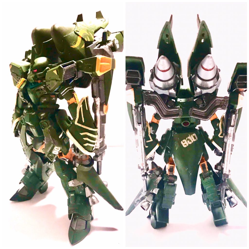 アーマーには以前作った作品を再活用。腕と胸はヤクトドーガ、コアザクの頭は唯一あったグフの口を短くして使ってます。
見事にハマったと思う。