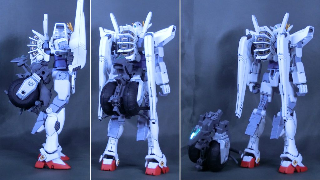 武装もバイク時のパーツに組み込んでいれば、多くの自作の接続パーツを生まずチェンジ後もよりスマートな姿で完成させれたのでしょうが、その場合バトルで武装が破壊されるとバイクモードに変形できないという設定が生まれそうなので、あえて本体に全て装備できるような設定にしてあります(ガンダムビルドダイバーズRe:RISEの世界観だと、いくらでもサポート用のパーツは再出現しそうではあるのですがねw)設定として、タイヤパーツにはミノフスキーフライトが内蔵されていて、数ヵ所スラスターも設置されているのでF91以上の機動力が発揮出来る。って事にしてあります。