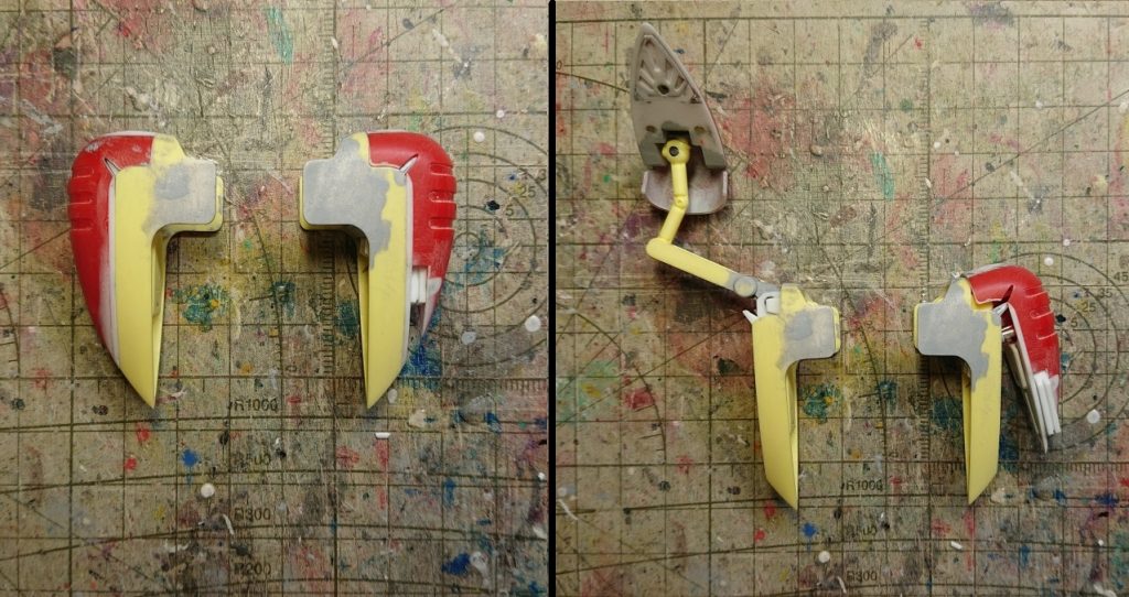 キットのヒンジを削り落として肩アーマー天面の丸みを出しました