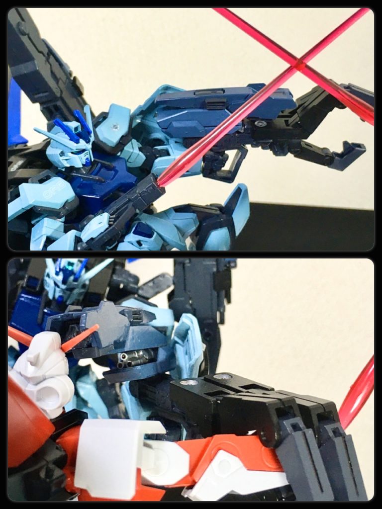 エールストライカーのビームサーベルラックを外してしまい近接装備が不足しているのを補う為に、GAT-X105ストライクの57㎜高エネルギービームライフルのバレル部を短くし、ビームサーベル発振機能を追加したショートビームライフルを開発。
両側のサイドアーマーに2丁懸架している。
ロングレンジで敵機を近づけさせない砲撃戦仕様とはいえ不測の事態で接近戦を行わなければならない時は、ショートビームライフルのサーベルで敵機のビームサーベルを捌いて体勢を崩したところをクローユニットで腕部の動きを封じ、プロトツォーン・ガトリングユニットを敵機の頭部やバイタルエリアに至近距離で発射する戦法を取る。