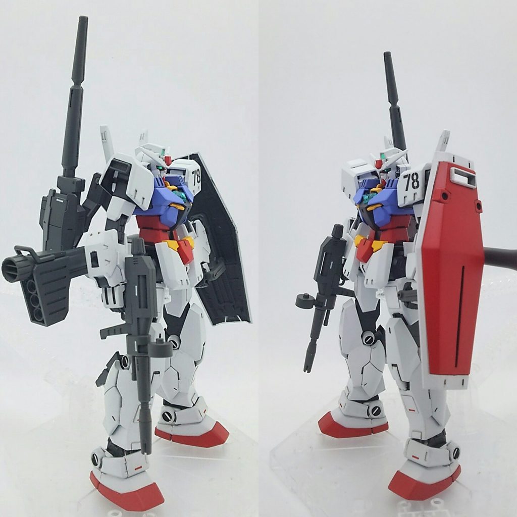 サイドビュー.
78ガンダムに似せるけど連邦というわけではないので,盾の連邦マークはなくし,パテで埋め,オリジン版のような凹ディテールにしました.また盾の取っ手部はプラ材で延長して掴めるようにしてあります.
ヴィートルーの肩キャノンは全体のバランスを見て採用しました.
これもオリジン版のようだけどそれだと設置場所は逆側ですが.