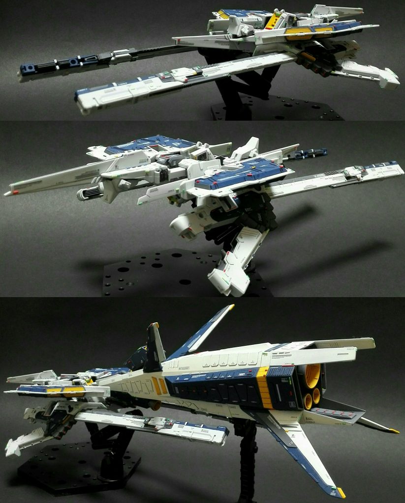 ここではフルドド同士をドッキングさせたフルドドのMA(モビルアーマー)形態へ。ロング･ブレード･ライフルのクロウ･ウィング･ユニット後方への格納形態も刀をイメージさせてくれるので魅力的に(笑)。また、HGUC ギャプランから流用したギャプラン･ブースター･･･制作と撮影は大変でしたが存在感が段違いで凄かったです。