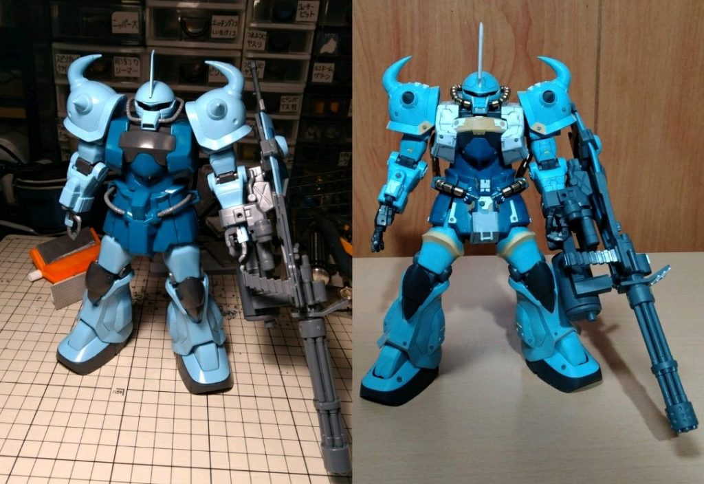 この作品、元プロモデラーの大角基夫さんに「素晴らしいグフカスタム」って褒めてもらったんですよね。本当に嬉しかったです。大角さんがまだTwitterされてる時だったんですけど、大角さんはちょっとリベラル寄りのツイートが多くて、それが嫌いな人も結構いて、批判もされてたのかな。僕はまあ、そういう個人の思想信条とかは全然自由だと思うし、そこまで気にならなかったから良かったんですけど、苦手な人やネトウヨの人は結構嫌だったのかなって思います。もう大角さんTwitterやめてて、もしかしたら別のアカウントでやってるのかもしれないけど、僕は大角さんの作品大好きなんですよね。憧れのモデラーさんから褒めてもらえたのが嬉しくて嬉しくて、今こういう気軽にネットでやり取りできる時代だから実現したことだと思う。色々誹謗中傷とか負の側面もあるけど、やっぱりネットの発展はありがたいです。–5枚目/制作者：ジャンボタニシ