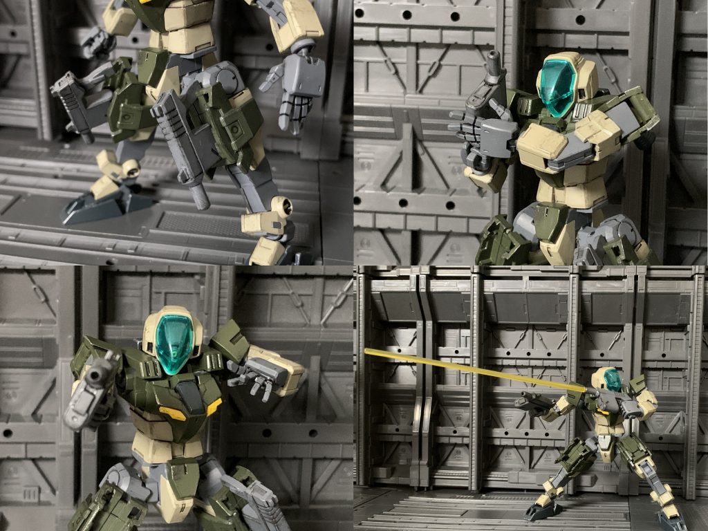 改造箇所は
頭部：GM/GM付属の物に変更
胸部：クリアパーツの箇所を形状変更、肩幅伸縮ギミックをオミットして
アースアーマーの襟元のパーツを固定で取り付け、ビームサーベルラックをバーニアに変更

脚部：太腿にビームサブマシンガン担架用追加アーマーの取り付け、
腰フロントアーマーのオミット、アースアーマーの爪先の取り付け

以上です