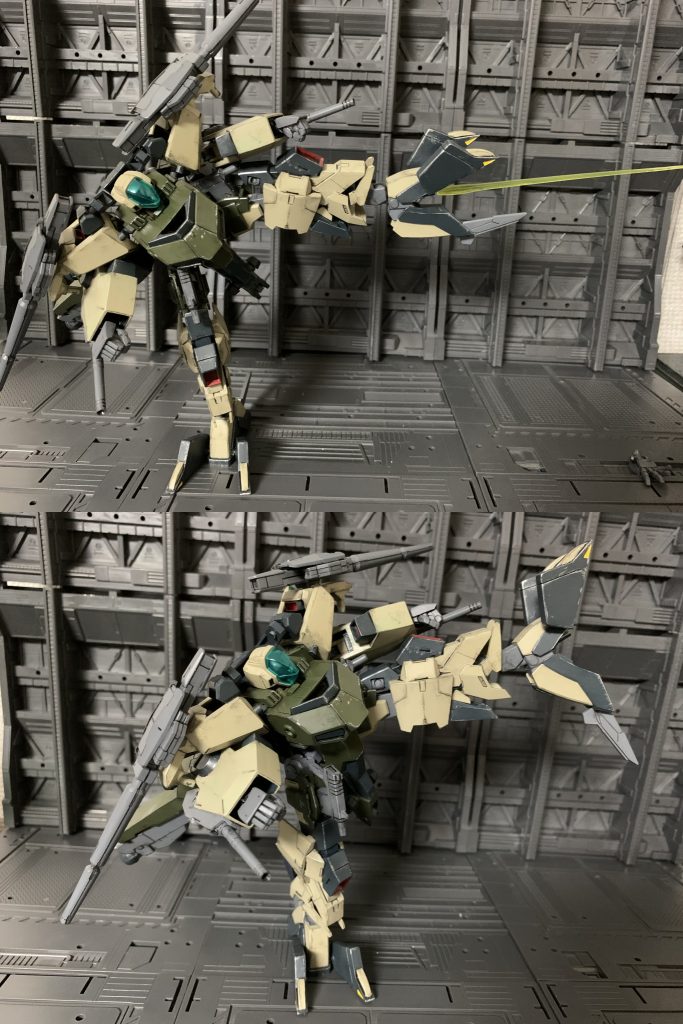 足裏のビームサーベルももちろん使用可能だが近接戦闘が苦手な本機では積極的に使うことはあまりなく、相手の意表を突くくらいでしか使いどころが無い。踵の高周波ブレードも同様