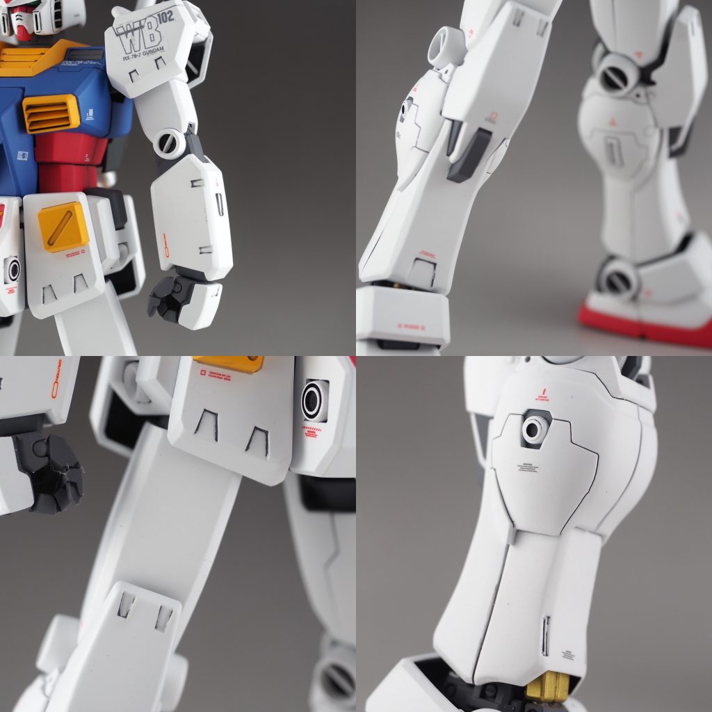 ・腕はガンダムのまま使用
・股関節軸は3ミリ軸下げ、腰部はサイドアーマ以外ジムカスタムを使用
・太もも、スネはガンダムのものをそれぞれ4mm延長