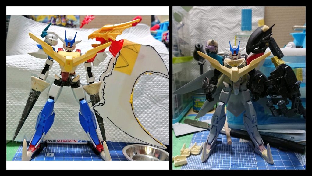 最初はプラ板だけで形を作ろうとしていましたが、アーマーを取り付けるアレ(なんて呼んだら一番良いんだろう?)が他の装備がないと余るよなぁと思って、折角なので使用しました。
肩がヴィートルーになったのはアースリィもマーズフォーも幅があってユニット側に干渉するからという。