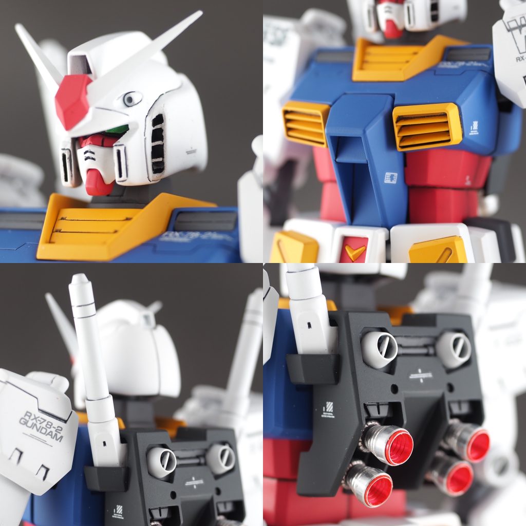 ・頭部は前後幅2ミリ延長、上下は中央で1ミリ短縮、フェイスを削り込んで小顔
・胴体はジムカスタムにガンダムのセンタブロックとダクトを組み合わせ
・ビームサーベルはプラ棒から自作、バックパックのマイナスモールドは別パーツ化、バーニアはメタルパーツ使用