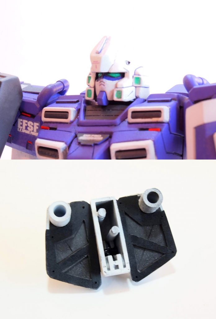 全然画像で伝わらないディテールとして、頭部カメラ類にはグリーン系のUVレジンでレンズ感をプラス。最終的にほとんど見えないリアスカート裏にはエポパテとプラ板で裏打ちパーツを作りました。ここで供養…!
それと各所に埋め込んでいるレッドチップは赤色ランナーを伸ばしランナーで限界まで伸ばしたものをカットして、固まったら透明になる接着剤で接着してます。