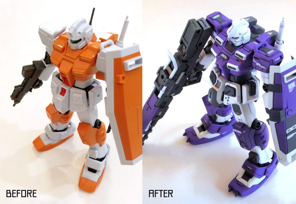 最後に変なアングルですがビフォーアフターを。
情報量の増やし方については今回うまくいったと思ってます。
ベース機体が思い入れの強いMSのため、いつもより力入りました…!