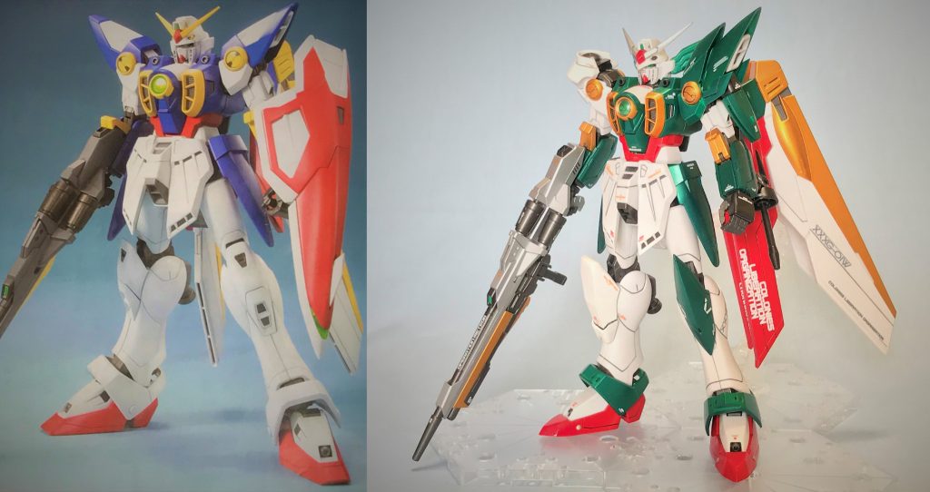 ウイングガンダムと比較。
どこにフェニーチェ成分を取り入れたか分かりますでしょうか?
左肩:HGジンクス
右肩:LBXエルシオン
頭部・左膝:MGリナーシタ
羽根基部・ライフル:MGプロトゼロ
右膝・爪先・足首・追加羽根:プラ板とパテを使って成形
プラ板曲げたりパテ成形する様な加工は初めてなので泣きそうになりました(笑)