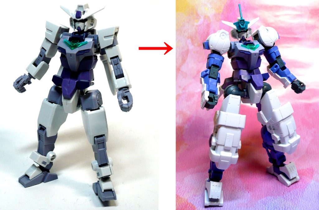 G-3カラーのコアガンダムに似た
「30MM ポルタノヴァ」の白・紫カラーのキットが手元にあったので
コアガンダムの頭部・胴体・腰を使い
ポルタノヴァの手足+膝アーマーを取り付けました。
そのまま差し込んで取り付けられますが
股関節が若干緩いです(個体差かもしれませんが)
これだけで元のコアガンダムより妙にカッコよくなった…気がします。