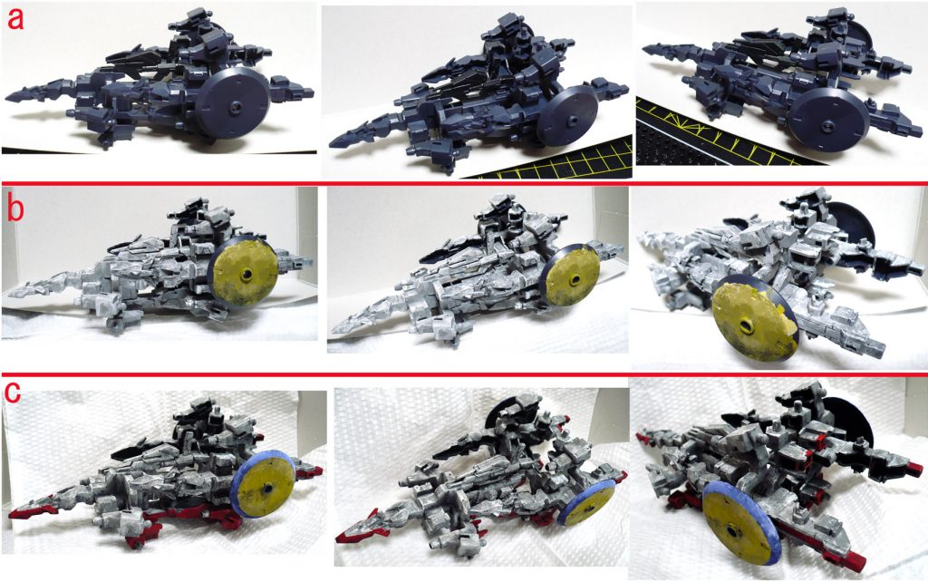 塗装段階の画像、ひとまとめです。

aは組んだだけの状態です。
前方（マーズアーマー武器ユニット部分を使ってます）フレームに
元々ついている下側のピンを切り取り
その部分に穴を開けて
後方２つのフレームのピンを接続しただけのお手軽加工です。

bは全体にグレーを塗って、その後に白でドライブラシしてみました。
どういう色イメージになるのか？様子見状態です。

cは８割くらい塗り進めた状態です。
艦底、後方のサイドラインに赤を配色してみました。

という訳で、無謀にもガンダム本体要素は全く無いのに
コアコンに応募させて頂きましたが
間違いなく言えることは
この作品は１００％コアガンダムのキット（３個分）で作られております！
むしろ他のガンプラパーツを一切使っておりません！！
なので規約違反では無い…と思いたいです！！！

最後までご覧いただきありがとうございました。