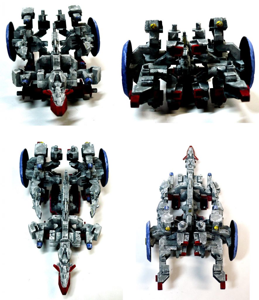 前方・後方・上方のまとめ画像
後方側、赤で四角に塗った部分がバーニアノズル…です。言い切ってみよう。