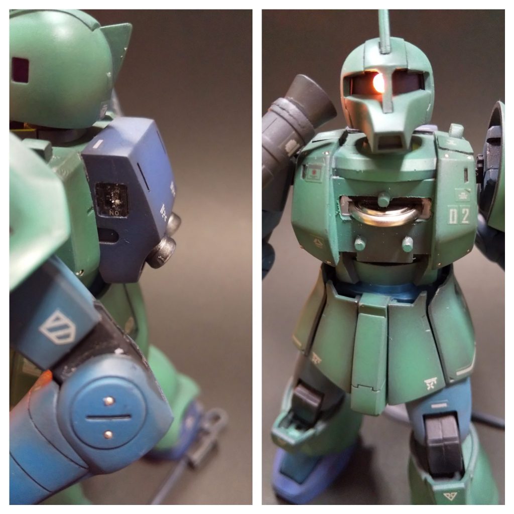 電池はココに埋め込みます。
スイッチはランドセル横に埋め込みました。
キットのディティールに見える…
と思って見てください。