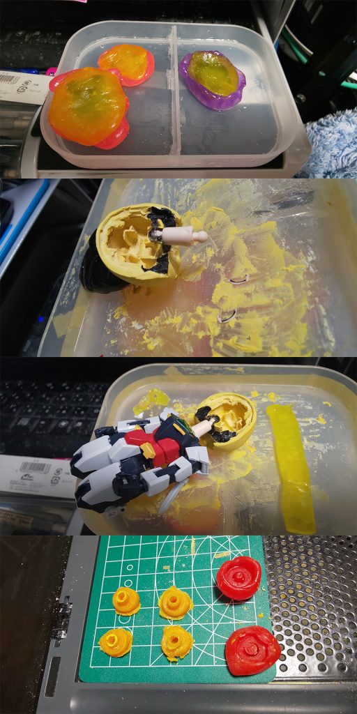 お湯丸で型を取り、ポリパテで複製したヘッドパーツ
そしてジョイント部の補強にもお湯丸を一部詰め込んでいます
あと、脚部ジョイントにはプラリペアで複製したパーツも(scream)(scream)