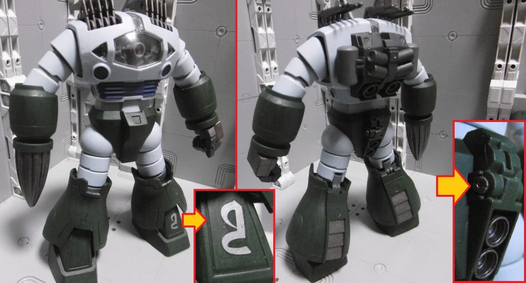 プレバンキット「ＨＧＵＣゾゴック（ジャブロー攻略戦仕様）」の部分塗装仕上げです。一部を通常版ゾゴックのパーツと入れ替え。通常版で色変えすると股関節可動で塗膜ガリガリやられそうなので、プレ版を使用。
付属の専用シールは貼らずに、水転写の梵字デカール【持国天】のみ。「国を支える者」の意味を持ち、防御力強化のために使いました。

右手は「１/１４４アッグ」のドリルに変えて、可動域（旋回範囲）確保のために動力パイプを撤去。パイプのあった箇所には、ＭＳＧディテールカバーＡのリベットパーツを左右に埋め込んでいます。

ＳＤ戦国伝にはゾゴックがいなかったと思い、時隠水忍（じおんすいにん）という事にしました。外見を殆ど弄っていないのは、深海に沈めると水圧で圧壊しそうだったのと、他のゾゴック達に紛れるため。
水忍なので水中における高機動戦で敵を翻弄する…わけではなく、実は逆で*殆ど動けません。*