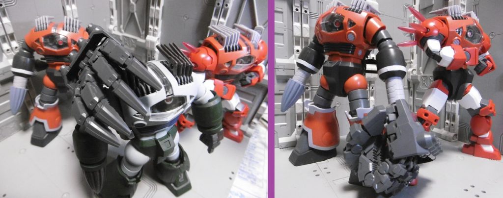 ボツ案ｘ２
最初は平手の為に「ワイルドハンド」を検討するも、思ったより小さくて「オーバードマニピュレーター」にしたところ、腕が重みで負けてしまったのと地中移動の設定で大きすぎたから。

もう１体はガンバトの限界突破チューンを直で表現したら、誰もが通るようなタイタス魔人化したので。この組み合わせをやってる方々も非常に多いですもんね。

アッグのドリルは、ゾゴックの延長アームに*無改造で組付けられます*。
腕が伸びたままになりますが、ドリルゾゴックもありかなと思いました。