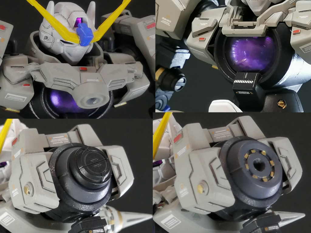 左上
頭部はGエグゼスにHGCEディスティニーガンダムのアンテナを付けて、ハイパーデュートリオンシステムを追加して継戦能力を高めてみました。
右上
胴体レンズは前作で使用したレンズを流用。内側から塗装したのでクリアパーツの質感はそのまま出ています。 
左下・右下
肩には3ミリ穴のあるパーツを使用。
内部にプラ板でディテール追加、金色に塗装することで精密感を出してみました。
内部を保護する意味合いでコトブキヤさんのパーツでカバーを付けています。