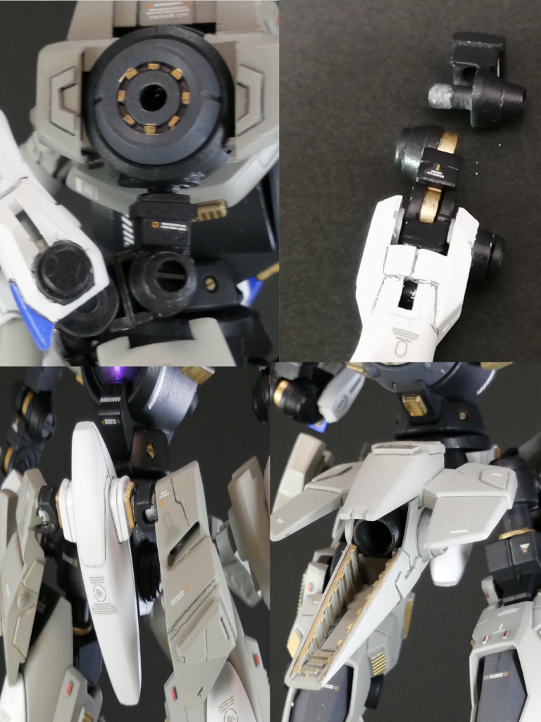 左上・右上
前作に続いて肘関節にはボールデンアームズのジョイントを使用しているので可動域は十分にあります。更に剛性を強化する目的でランナーにて軸を延長しています。
左下
コクピットはジンクス同様の位置に、下半身のアーマーについては、Gエグゼスの装甲パーツを組み合わせて作成しました!
右下
スラスター内部もプラ板にてディテール追加をしました!