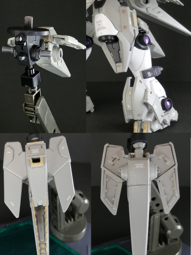左上
股関節のジョイントには3ミリのKPSランナーを移植して耐久性UPを狙っています。
右上
脛にジャンクパーツ、足首の保護にダイバーエースの装甲パーツを使用しています。
左下・右下
スラスター装甲の両面にプラ板等でディテール追加をしています!
