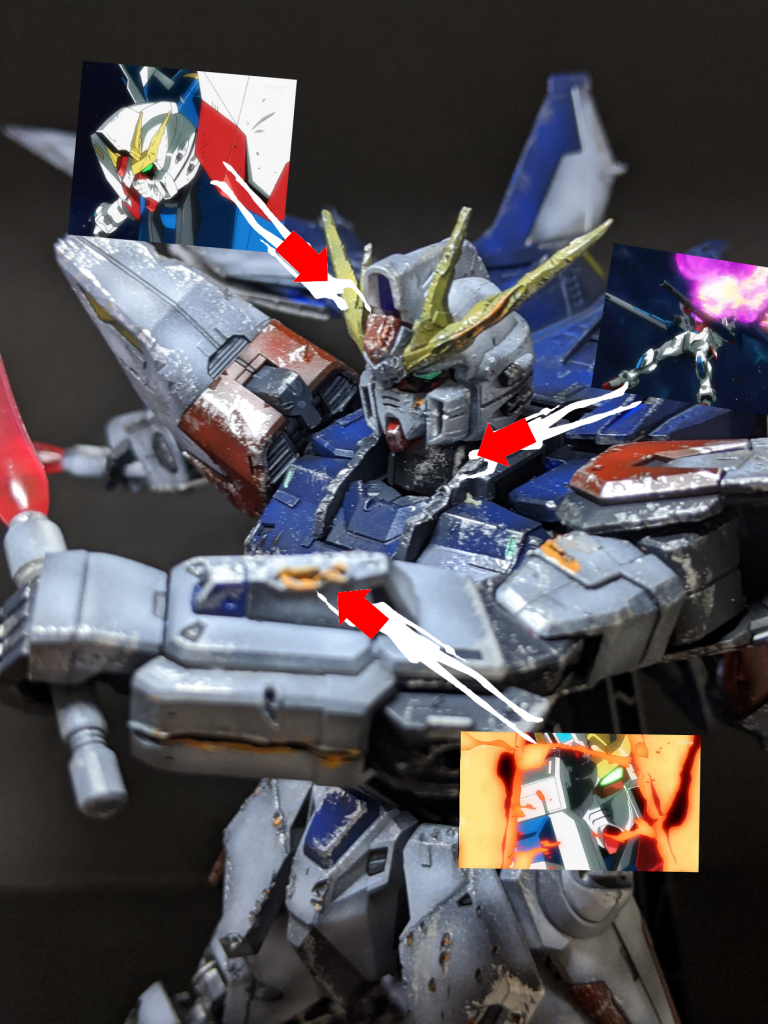 実際の再現した箇所をわかりやすくしました。
腕の裏はちょっとオーバー過ぎました。シールドはそんなに貫通してなかったかもです。
あとはロングライフルは頭部に3発も当たってたら流石に壊れると思うので首や肩の上（下の画像)をかすったような再現にしました。