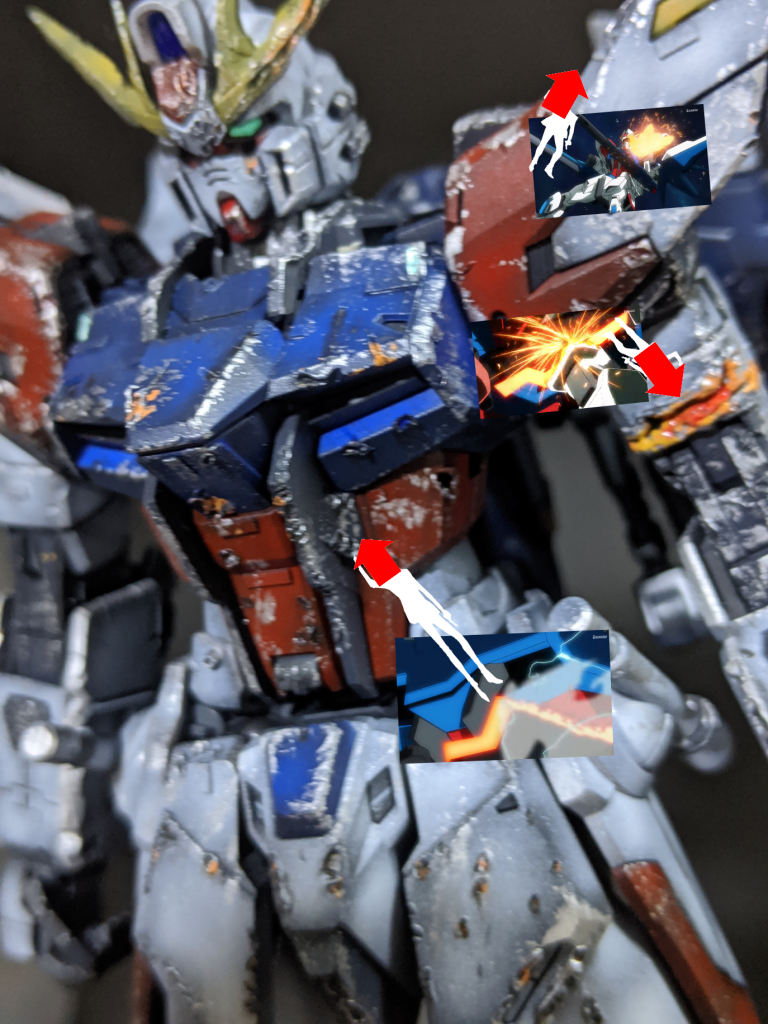 もう一枚!
その他の損傷はバランスよく宇宙戦でゴミや残骸に当たったような感じにしてます。
ちなみにザクアメに最後に切られた胴体部は流石に食らうと…って感じなので個人的には控えめにしました。（ガンプラは自由だ!)