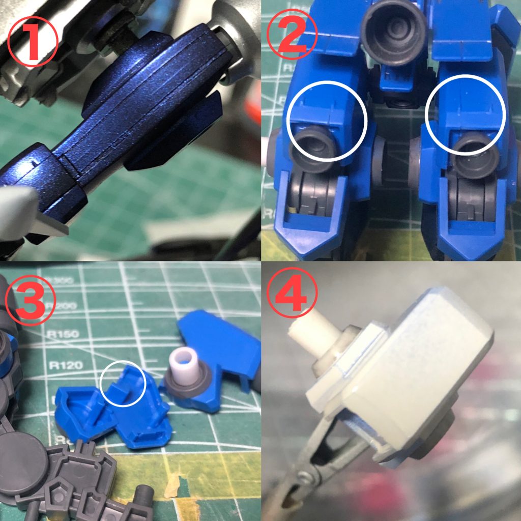 合わせ目の処理。
①腕、出来ませんでした。
段落ちと反対側のスジ彫りでごまかす。
②以降ウマパック。
メタリックなので白○のとこあるとカッコ悪いので。
③内側の○のとこ切り飛ばす。その下のピンも短くしとくと後ハメできます。
④ディテール無くてもいいので、瞬着でくっつけてヤスリかけてサフで確認。塗装後フレームに接着しました。