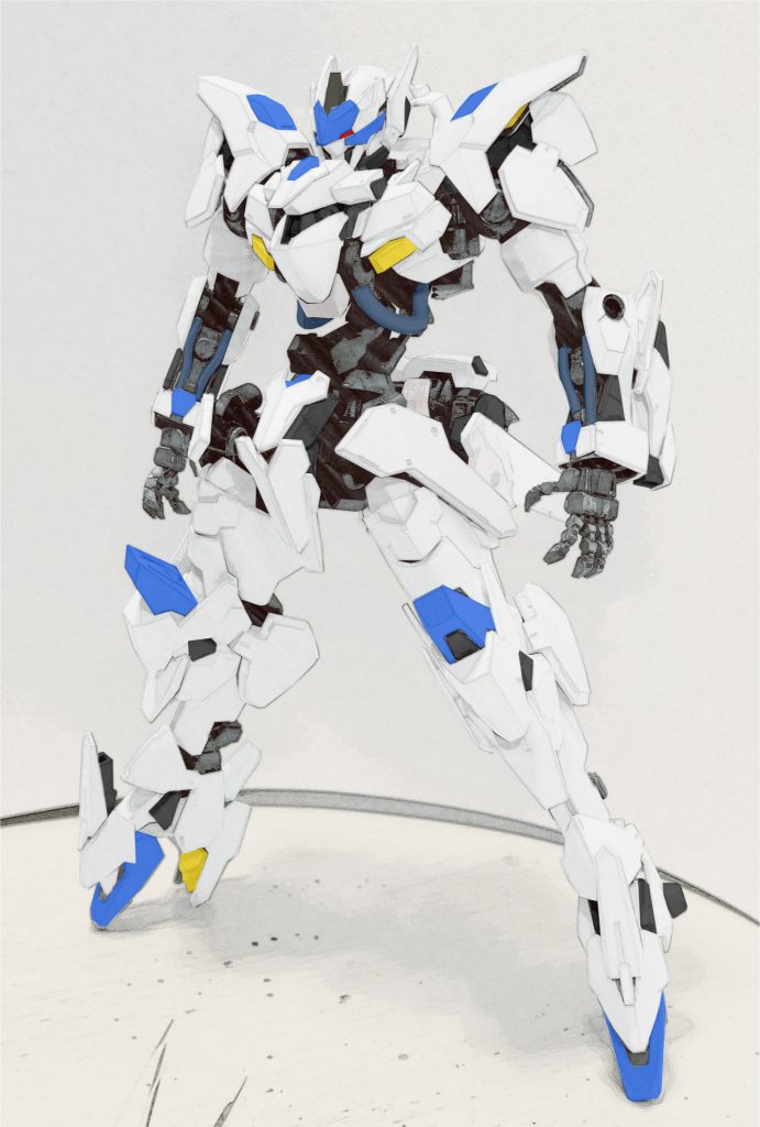 マクギリス専用機として考えていたため、バエルカラーにしようとしていた頃の案ですが、悪魔っぽさを出したくて黒ベースの色になりました٩( 'ω' )و