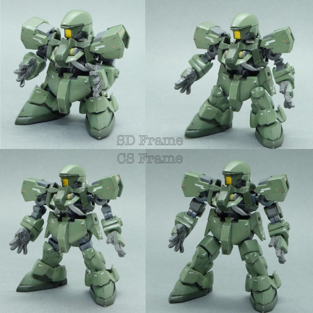 左上から、SDフレーム(シルエットブースター仕様)、SDフレーム、CSフレーム、CSフレーム(シルエットブースター仕様)です。
シルエットブースターによる延長で、より設定画に近いスタイルに変化しました。