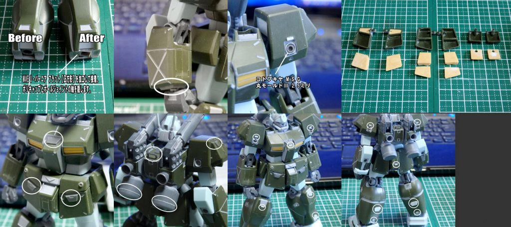 ・手首、足首の取り付け軸&ポリキャップを隠すためのカバーを製作
・肩のバーニアをディテールアップ
・スカート裏はエポキシパテで裏打ちパーツを作りディテールアップ
・各部に筋彫りを追加
・ディテールアップパーツ、プラ板などを貼り付け
・腕部、脚部関節周りのクリアランス調整
などに加えて全身の表面処理、合わせ目消しなどの基礎工作を行っています。
## ~COLORING DATA~
チョバム・アーマー青=ティターンズブルー2(C)
頭部など薄グレー=ライトブルーグレー(G)
バーニア黄色=サーフェイサーエヴォ パステルピンク(G)→キャラクターイエロー(C)
頭部、ビーム・キャノン、タンク白=スチールホワイト(G)
関節グレー=メカサフヘヴィ(G)
武装類グレー=エクストラダークシーグレーBS381C/640(C)
頭部のメインカメラはキット付属のシールを使用しています。