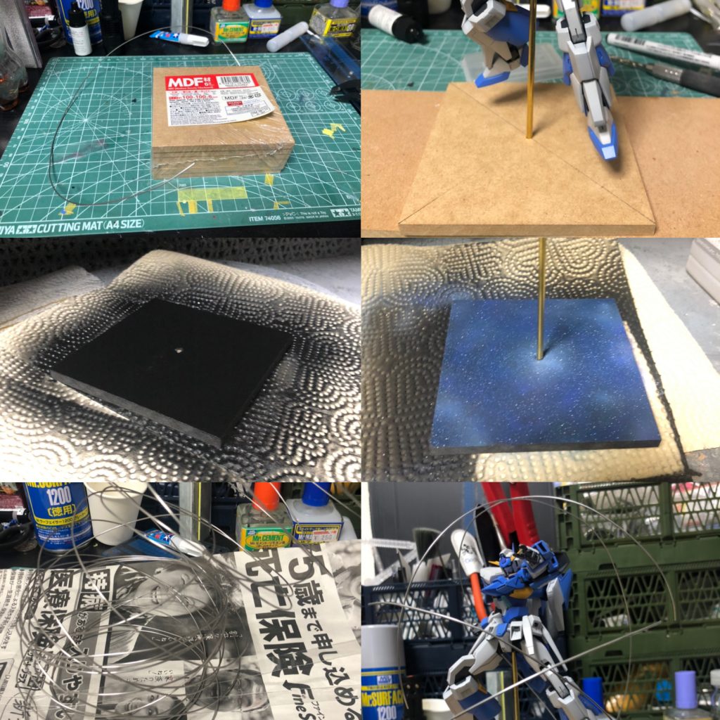 台座。
百均のMDFをベースに真鍮線を軸にしてます。いつもの宇宙。
Cファンネルどうやって飛ばすか、いろいろ考えて実行しましたが、失敗したりダサかったり。
シンプルに百均のステン針金で軌跡、残像みたいな感じを表現。バラしたらバネみたいにビヨーンってなって一人でうわわーとか言って。
針金曲げ過ぎないように注意して台座にさしてます。