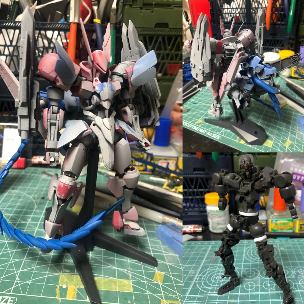 メタリック塗装なので黒下地にしてますがその前に継ぎ目の確認、表面処理し残してないか確認のためふわっと捨てサフ。 
フレームは白いとこプラ板で延長。スタイル変更で全体で4ミリ高くなってます。
あまりにも元キットがずんぐりむっくりだったので。