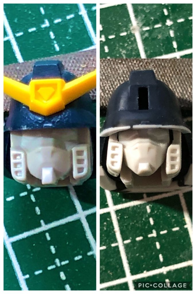 頬宛を切断後、頬を削って小顔化
ひさしに0.3ミリプラ板貼りつけてスマートな顔つきにしました。