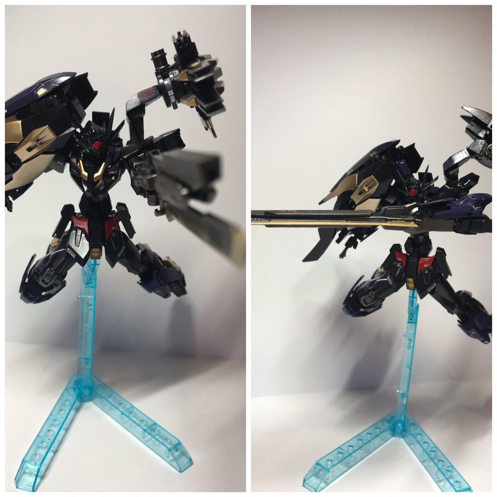 左肩のバインダーはファングが搭載されておりライフルと同時に撃つことで弾幕をはれる さらにガトリングやミサイルも搭載されている。
ライフルはソードがついており瞬時に対応することが出来る