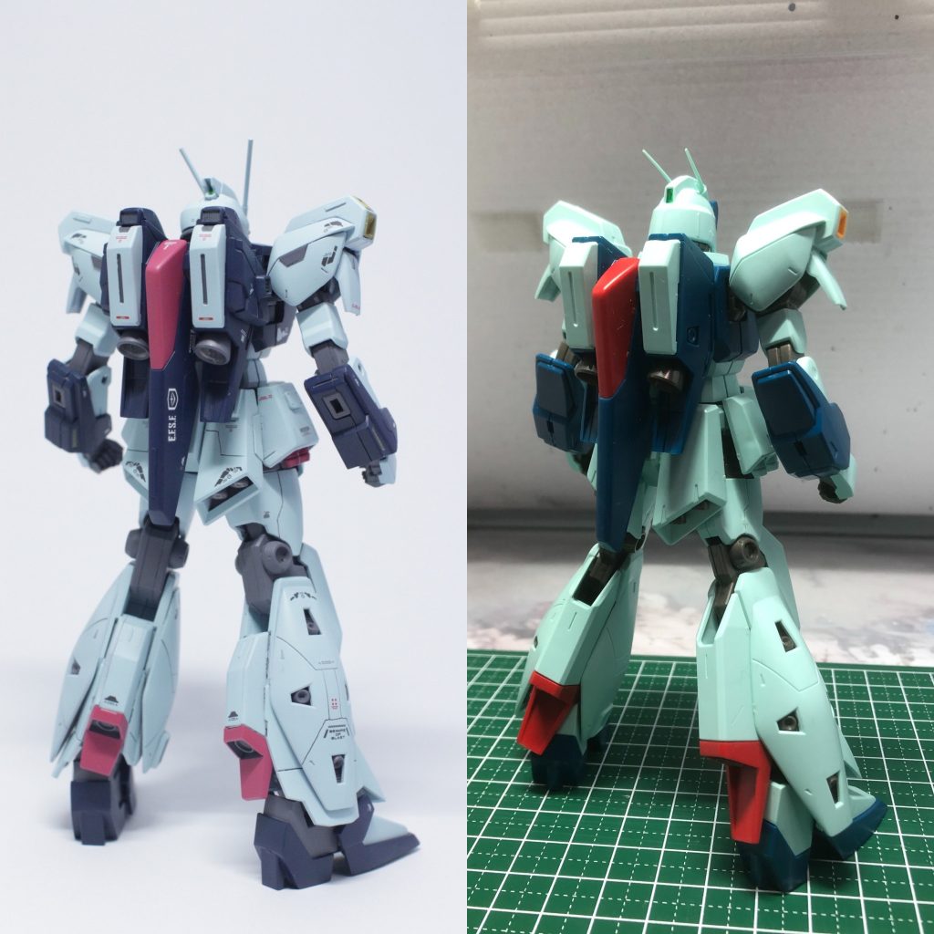 素組みのHGUCリガズィと比較。
リガズィをほとんど使ってないのもありますが相当別物のスタイルになったかと思います。