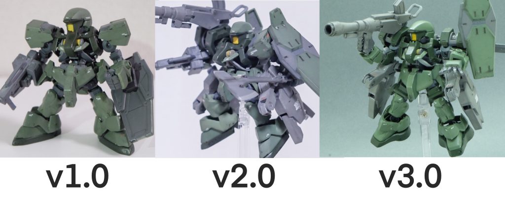 改修の推移。v1.0で本体の作成、v2.0でオプションの追加、v3.0で地上戦オプションとシルエットブースター対応と、順長に進化しています。次はグレイズリッターか、シュヴァルベか、グレイズ改か…。