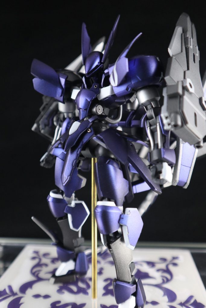 正面。
…なんですけど、台座も急遽作りました。
アクションベースだと穴の位置の関係で支柱と足が干渉、とらせたいポーズが全然出来なかったためです。フォトフレームとタイルシール(百均)で作ってます。今回唯一の購入物。