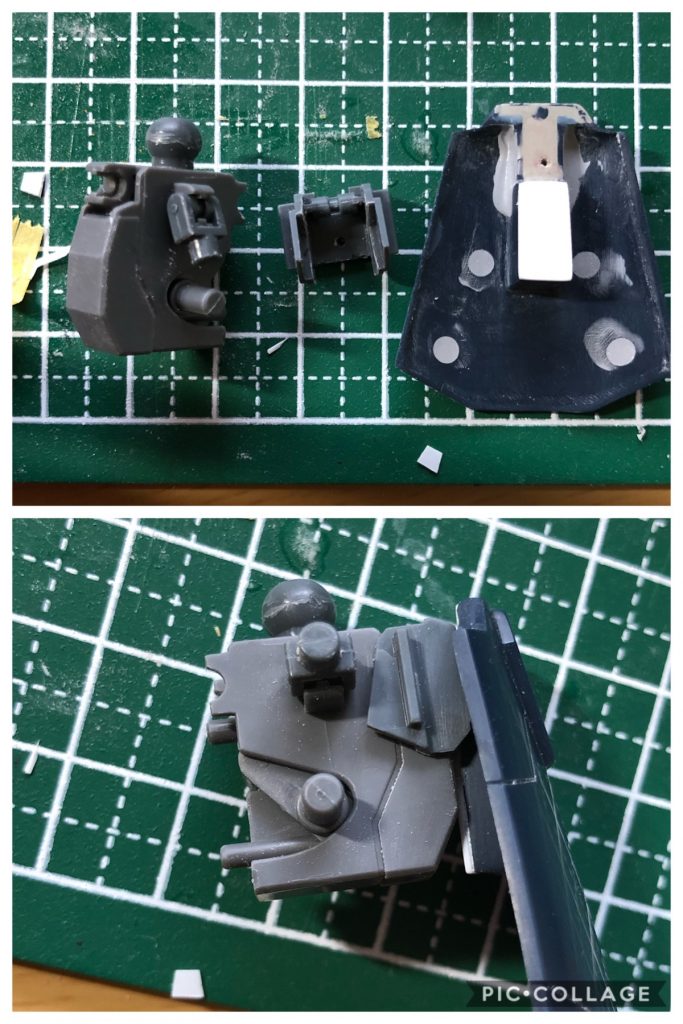 グレイズの肩アーマーを利用してサンドロックのリアアーマー受け軸に接続
肩アーマーとシュピーゲルのリアアーマーに穴を開け、塗装後穴にアルミ線を通して接着