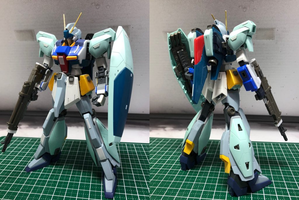 主に胴体、腰、腕がゼータ、頭と足がライトニングベースです。
肩、武器、バックパックはリガズィのキットをベースにアレンジしています。
普段はバリバリのミキシンガーなので、これでも自分には相当珍しいほどプラ材を使いました…