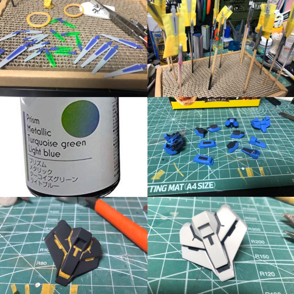 割と時間かかったこと。
積みから8個追加してCファンネル削り込んでます22個でしょうか？
塗装は画像のプリズムカラー。
そのまま塗るとケバくなるのでは？と思いシルバー下地で偏光感落としてます。ターコイズの部分だけ好き。
塗り分け。下地をメカサフスーパーヘヴィで塗ってからマスキングで分けてます。
モールドでテープ切ったり1ミリ以下に切ったり。