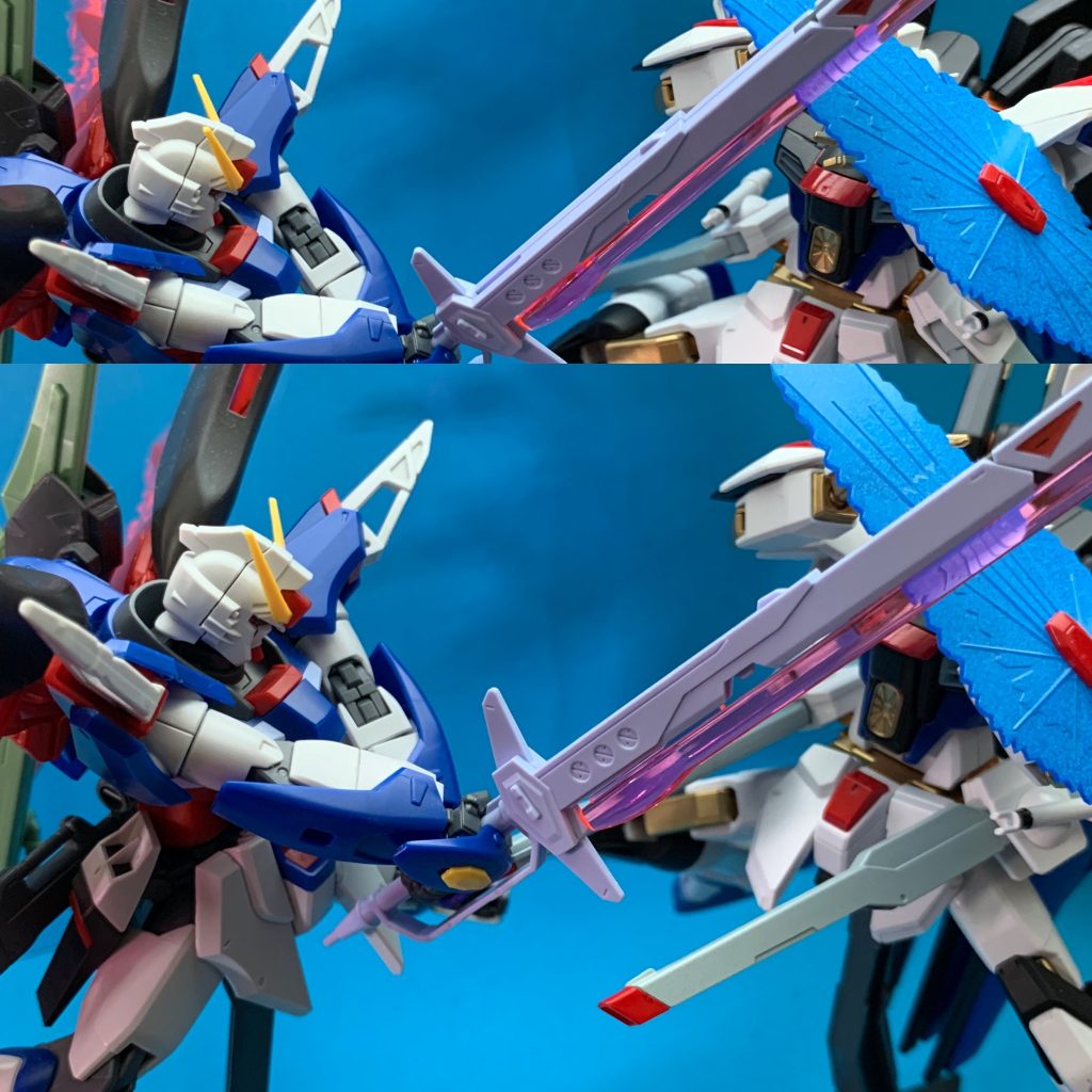 ビームシールド。流石に白刃取りはマズかったのかちゃんと展開はしていましたが、そもそも実行しようとするキラの思考がこわい。実行できるストフリの性能もこわい。デスティニーは素組ですが出来が良すぎて手をつけるのがこわい。