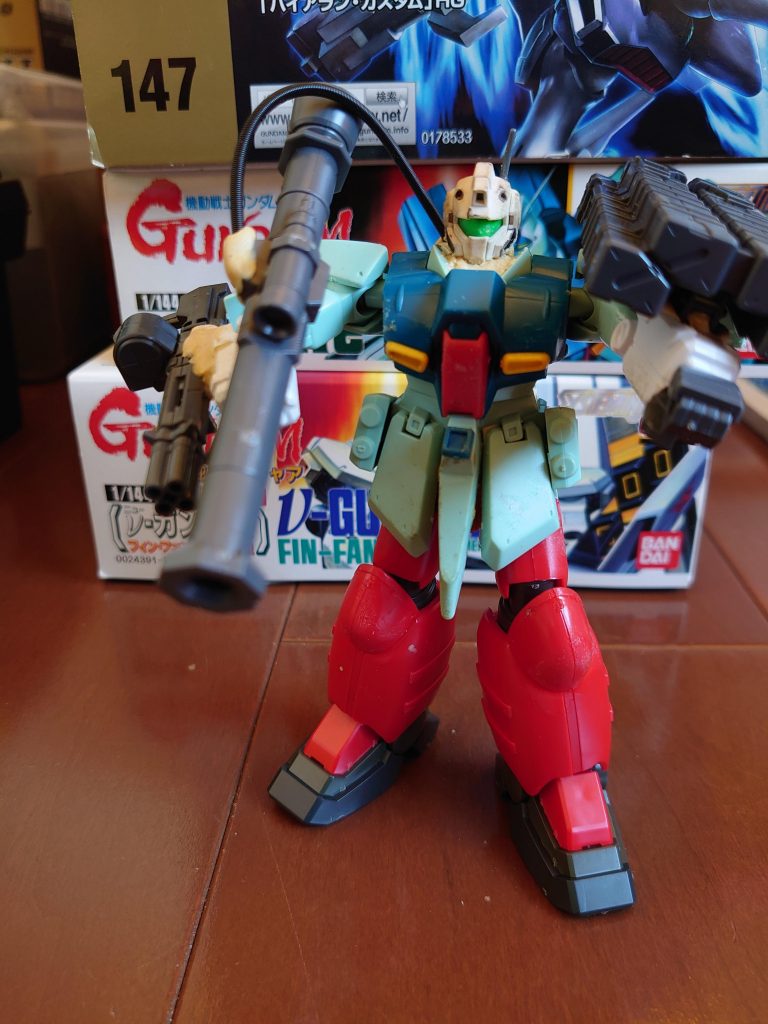 ミキシングです。
脚部 hg量産型ガンキャノン
胴体及び肩部 旧キット リガズィ
腕部 hg gp01fb
バックパック hg ガンダムNT-1
ヘッド hg ジム改