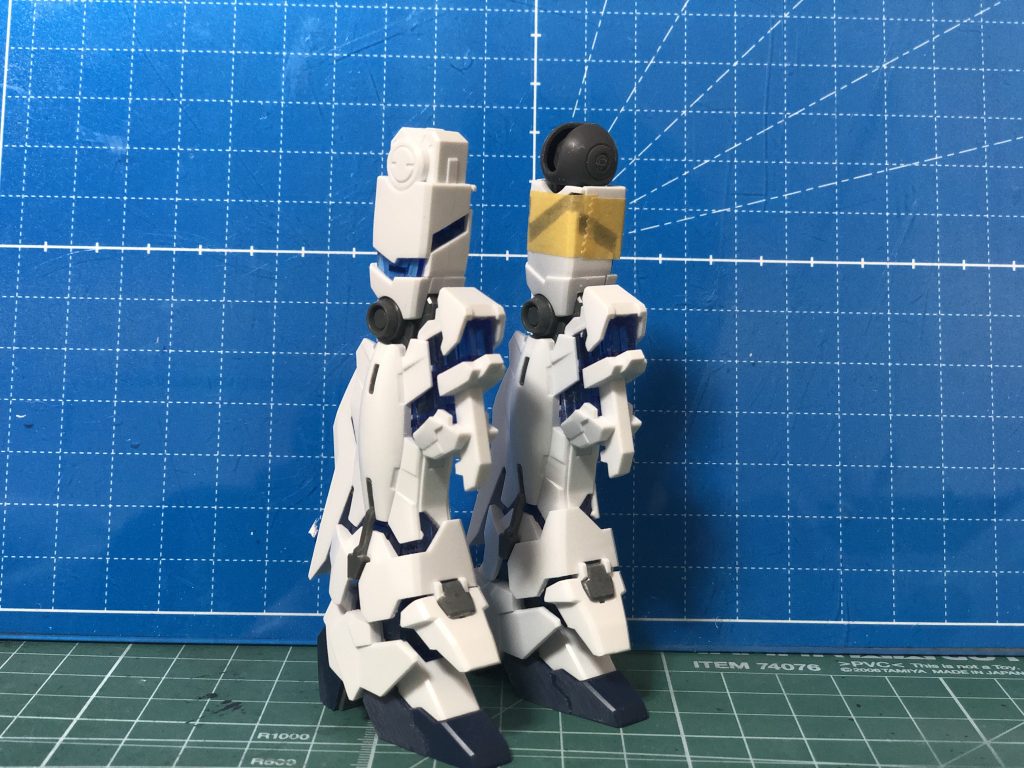 股関節があまり動かないので、ムーンガンダムの股関節を流用し、ポージングを柔軟に取れるようにしています